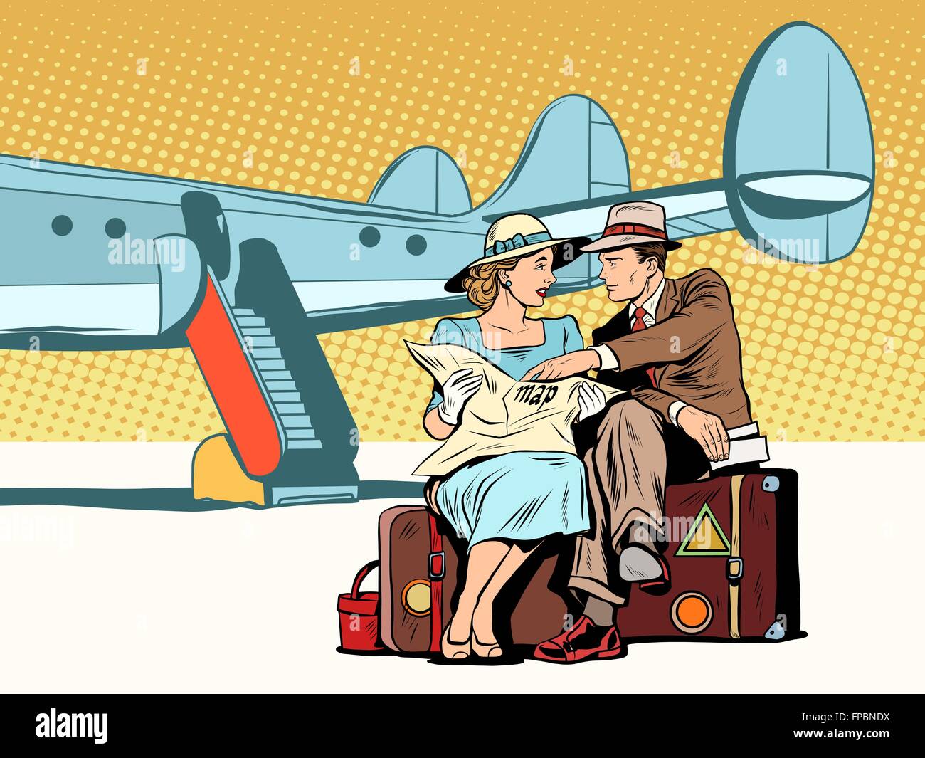 Couple de touristes à la recherche sur la carte, après l'atterrissage Illustration de Vecteur
