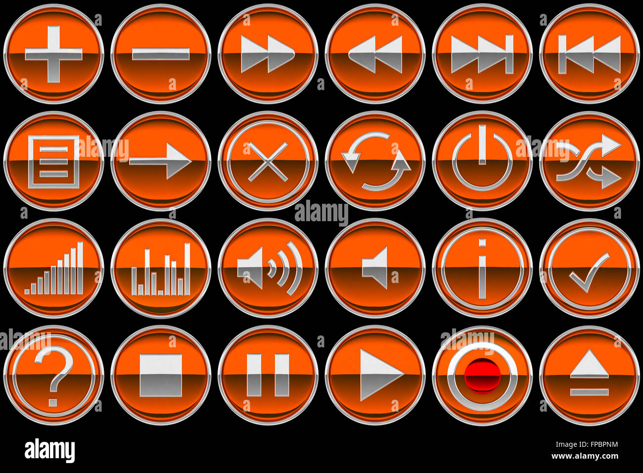 Orange ronde des icônes ou des boutons du panneau de commande isolated on black Banque D'Images