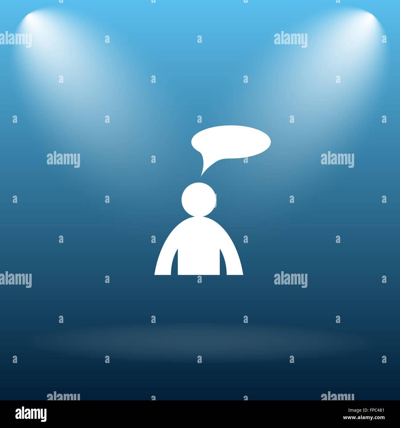 Commentaires icône. Bouton Internet sur fond bleu. - Homme avec bulle Banque D'Images