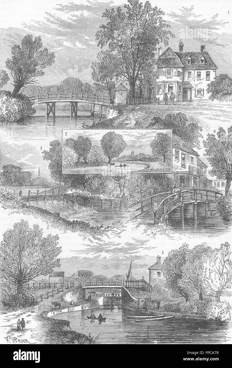 Rivière LEA : Ferry House ; Église Tottenham & Lock ; Weir, antique print 1880 Banque D'Images