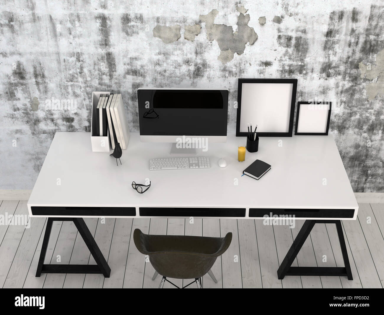 Noir Et Blanc Moderne Et Elegant Bureau Sur Treteaux Dans Un Bureau Interieur Avec Un Ordinateur De Bureau Fournitures De Bureau Et Des Cadres D Image Vide Contre Un Mur Avec Motif Gris Noir Et Blanc Moderne Et Elegant Bureau Sur Treteaux Dans Un Bureau Interieur Avec Un Ordinateur De Bureau Fournitures De Bureau Et Des Cadres D Image Vide Contre Un Mur Avec Motif Gris
