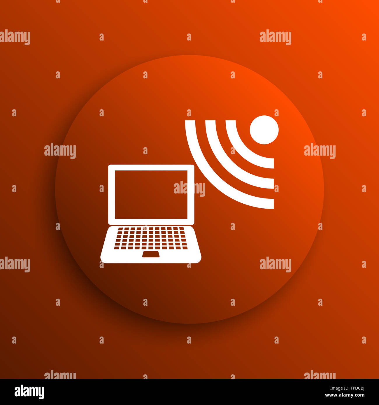 L'icône ordinateur portable sans fil. Bouton Internet sur fond orange Banque D'Images