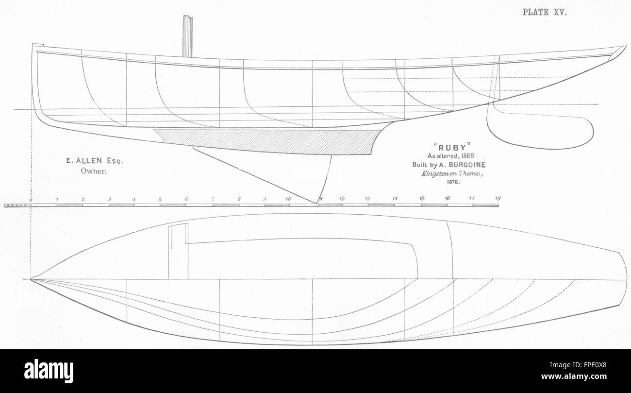 PLAN DU BATEAU : 'Ruby'(telles que modifiées, 1888)Burgoine, antique print 1891 Banque D'Images