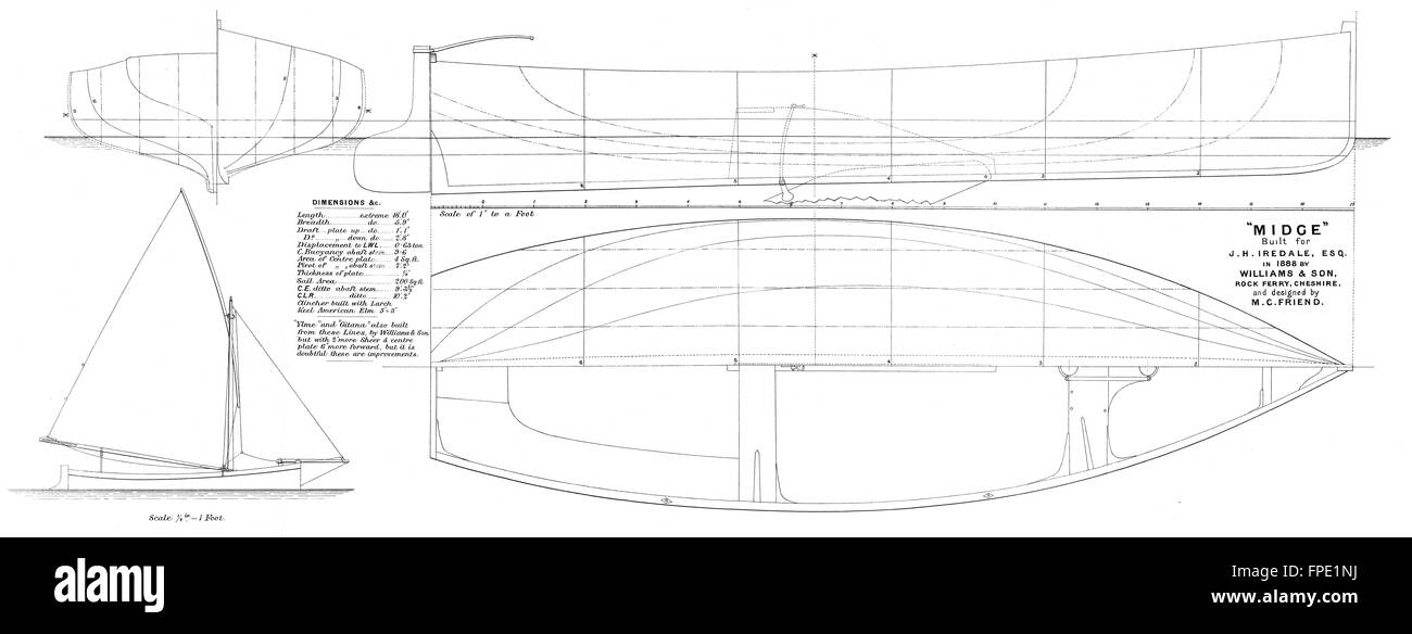 Bateau à voile MERSEY PLAN : 'Midge', Iredale-Grand, antique print 1891 Banque D'Images
