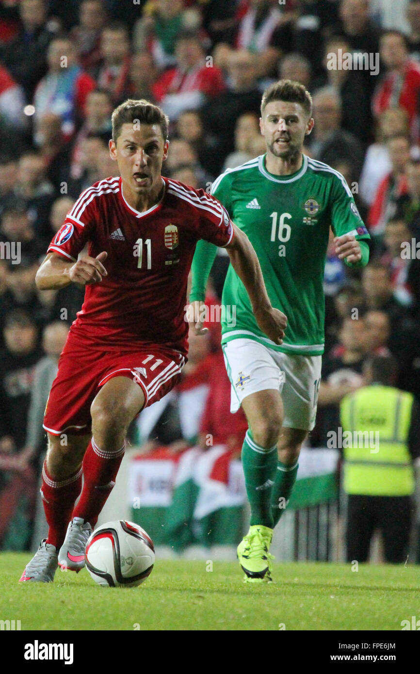 07 Sept 2015 - Euro 2016 Qualifications - Groupe F - Irlande du Nord 1 Hongrie 1. L'Irlande du Nord Oliver Norwood (16) regarde Krisztián Németh (11) va de l'avant pour la Hongrie. Banque D'Images