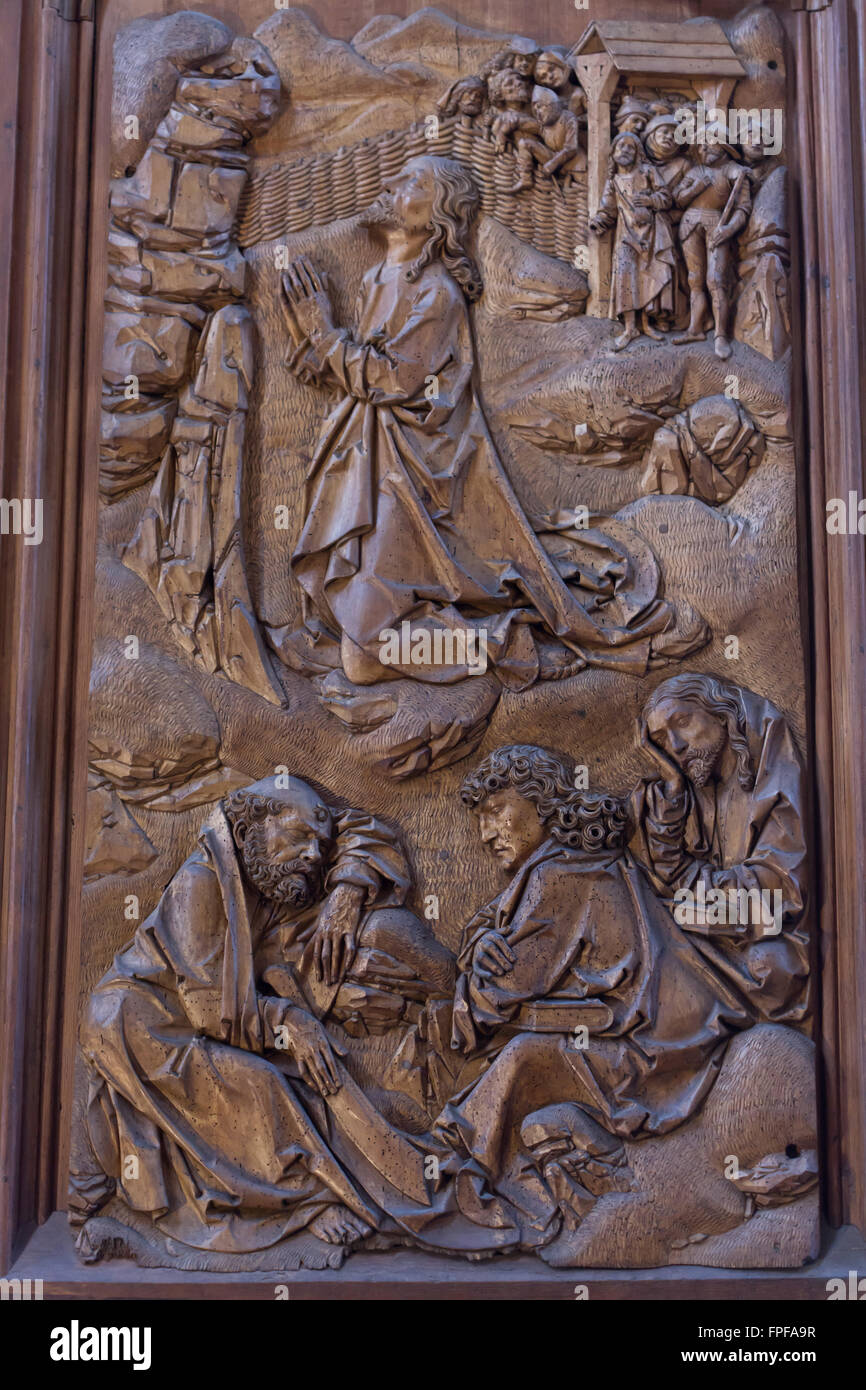 L'agonie dans le jardin. Panneau d'aile côté du Saint-sang retable (1500-1505) sculpteur allemand par Tilman Riemenschneider à Saint James' Church à Rothenburg ob der Tauber, Middle Franconia, Bavaria, Germany. Banque D'Images