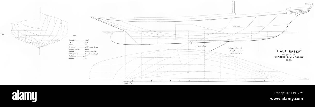 PLAN DE VOILIER : 0'5'' de l'évaluateur, Livingston-Grand, antique print 1891 Banque D'Images