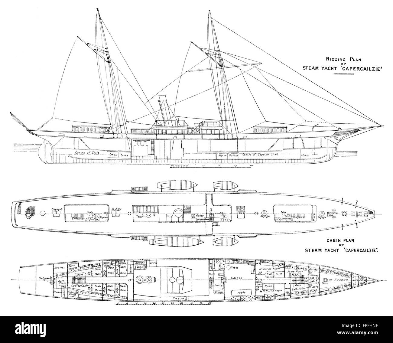 YACHT À VAPEUR : gréement, plan de cabine : 'Capercailzie', antique print 1891 Banque D'Images