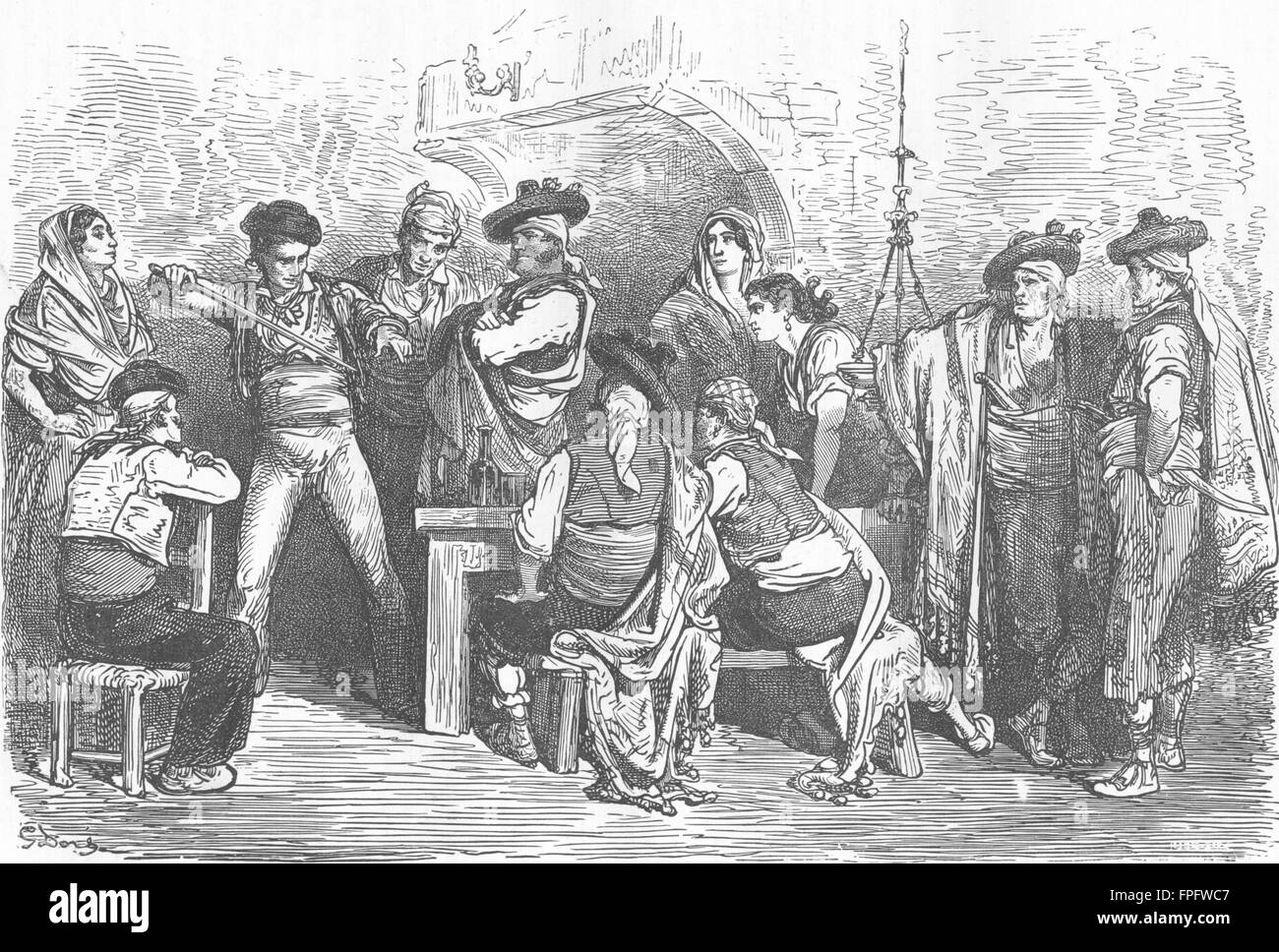 Espagne : l'entreprise dans une auberge espagnole, antique print 1880 Banque D'Images
