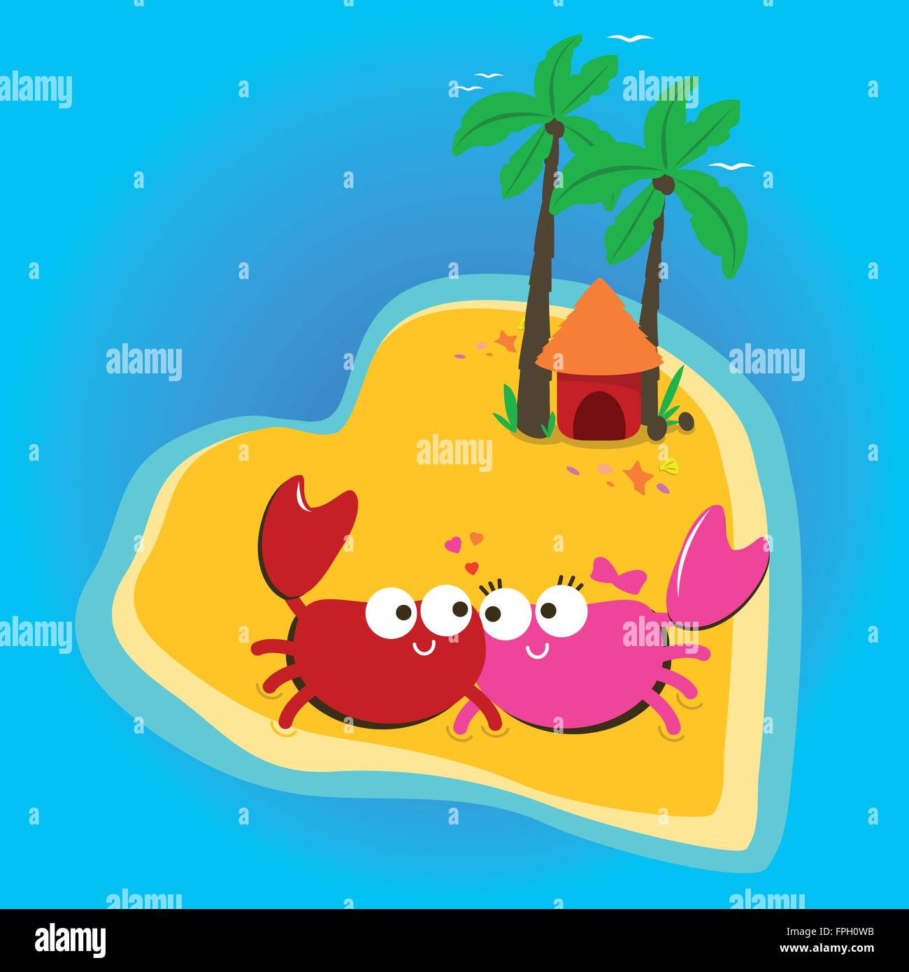 Les crabes de dessin animé sur la plage de l'île. Illustration de Vecteur