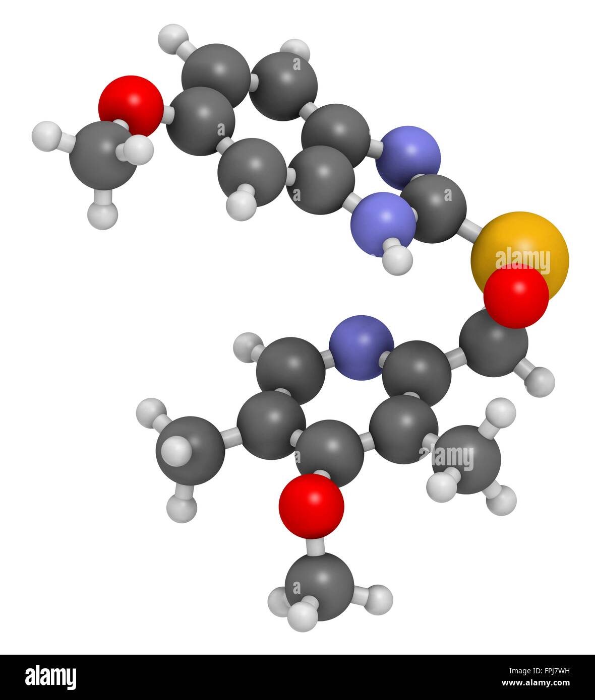 L'esoméprazole, l'ulcère peptique molécule du médicament inhibiteur de la pompe (prot). Les atomes sont représentés comme des sphères avec venti c al codage par couleur : Banque D'Images