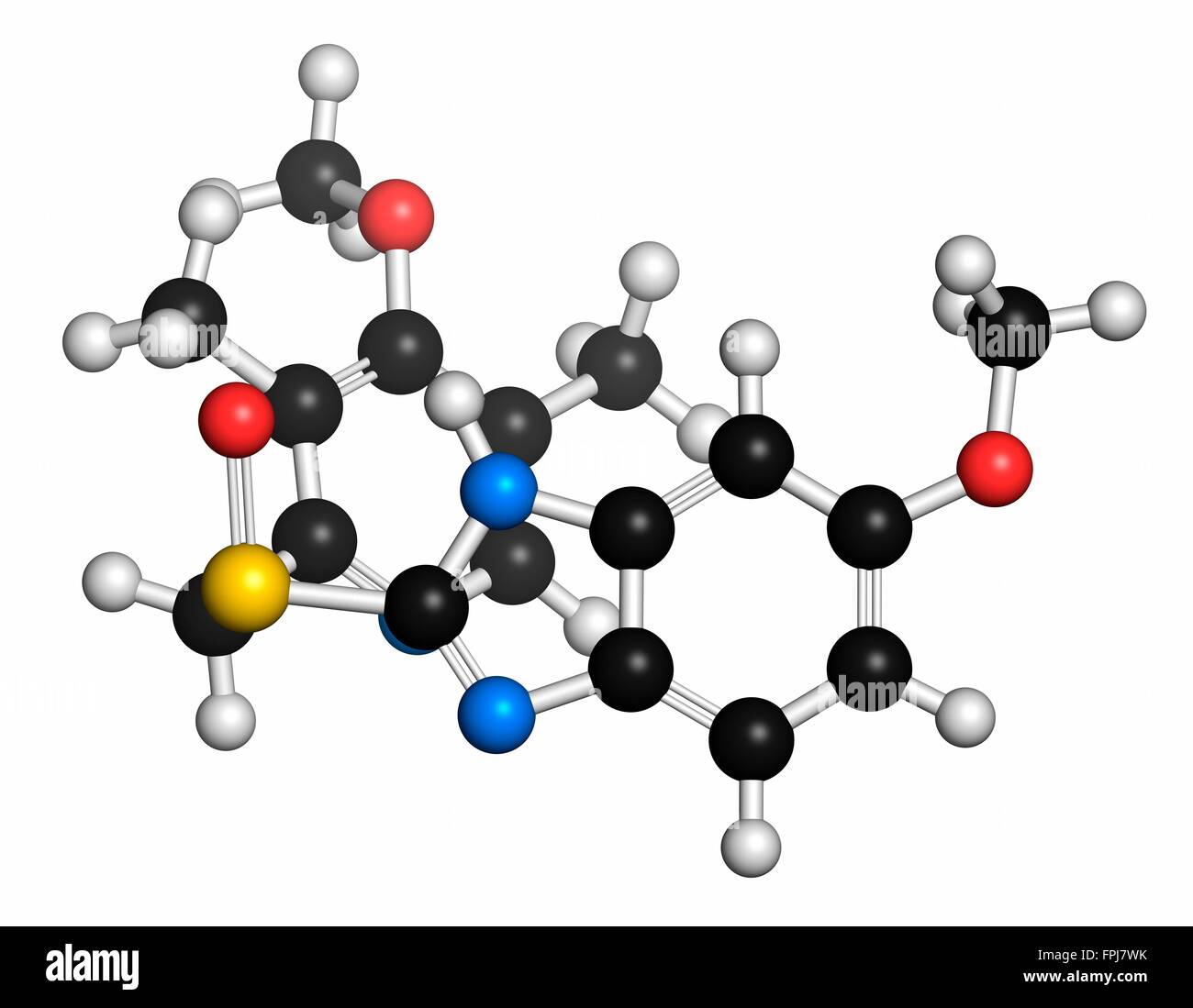 L'esoméprazole, l'ulcère peptique molécule du médicament inhibiteur de la pompe (prot). Les atomes sont représentés comme des sphères avec venti c al codage par couleur : Banque D'Images