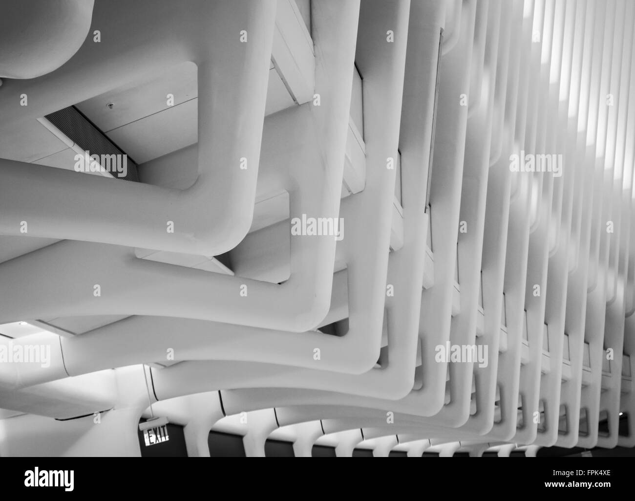 Gros plan du détail architectural à l'intérieur de l'Oculus du World Trade Center Transportation Hub, conçu par Calatrava. Banque D'Images
