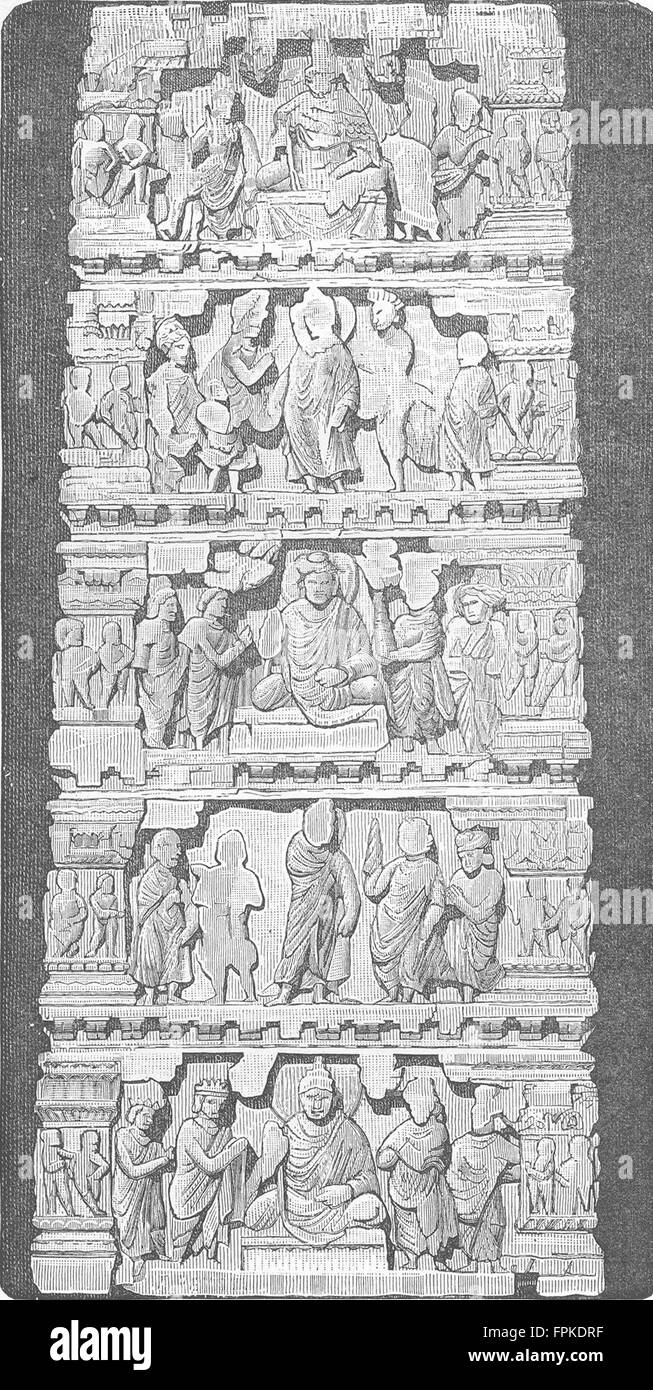 Inde : Temples : Bas-relief de temple indien, antique print 1880 Banque D'Images
