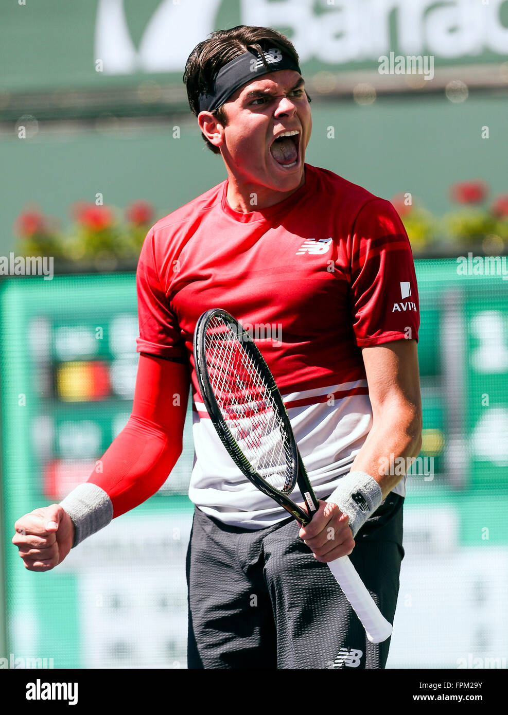 Indian Wells, en Californie, aux Etats-Unis. Mar 19, 2016. Milos Raonic du Canada célèbre pendant la demi-finale contre les hommes des célibataires David Goffin de Belgique au tournoi de tennis BNP Paribas Open à Indian Wells, en Californie, aux États-Unis, le 19 mars 2016. Raonic a gagné 2-1. © Zhao Hanrong/Xinhua/Alamy Live News Banque D'Images