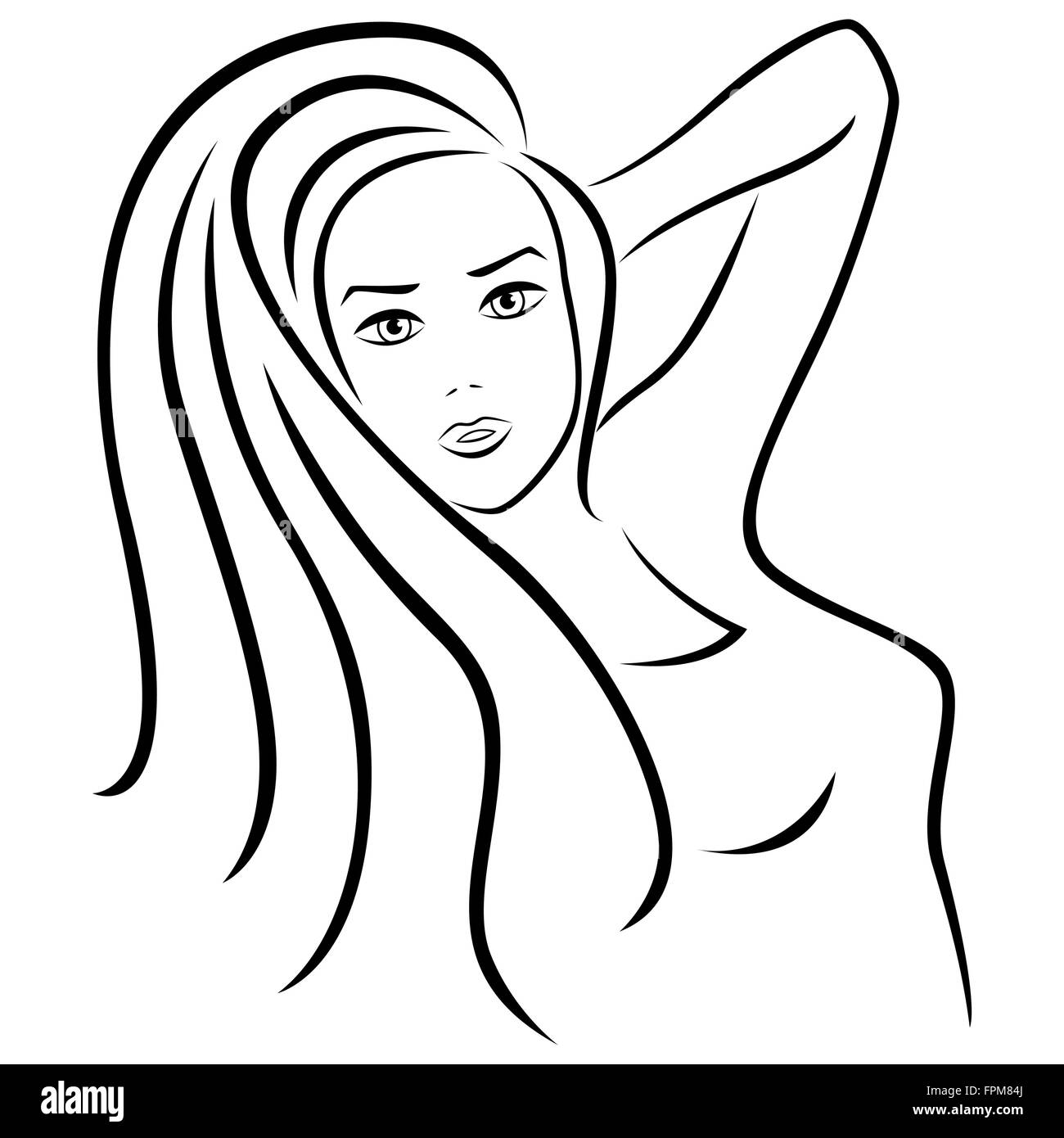 Belle jeune femme demi-tour portrait, dessin à la main contour vectoriel Illustration de Vecteur