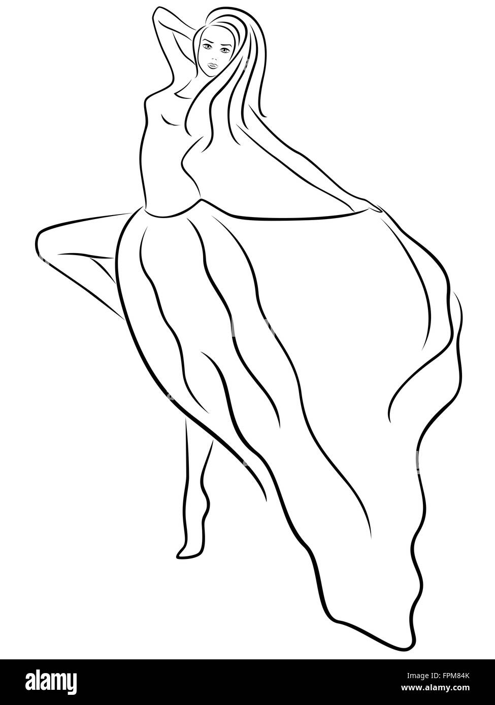 Belle slim femme debout sur une jambe et montre robe longue main, contour dessin vectoriel Illustration de Vecteur