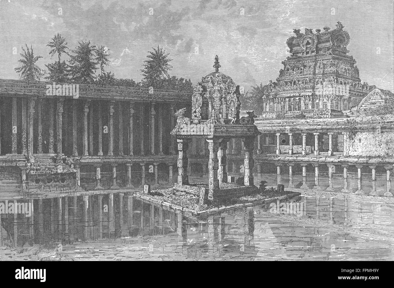 Inde : Bassin sacré Thiruchchirapalli, antique print 1880 Banque D'Images