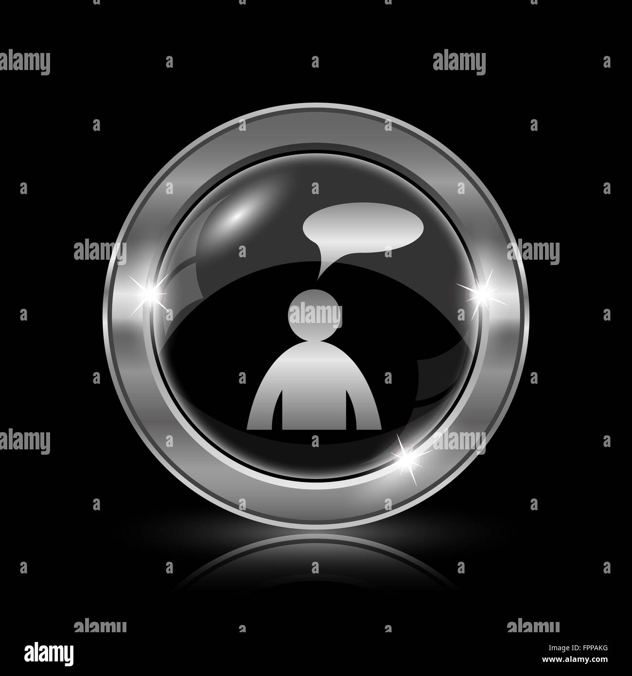 Commentaires icône. Bouton Internet sur fond noir. - Homme avec bulle Banque D'Images
