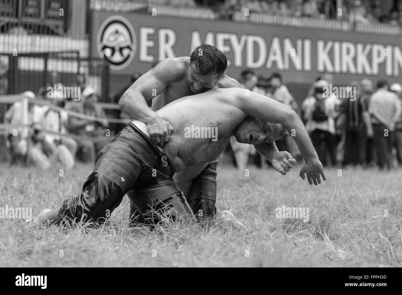 Les lutteurs à la compétition pehlivan turc traditionnel dans la lutte Kirkpinar. Banque D'Images
