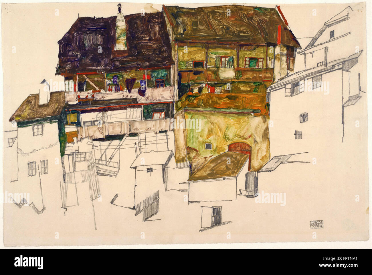 Egon Schiele - Vieilles Maisons à Krumau - 1914 Banque D'Images