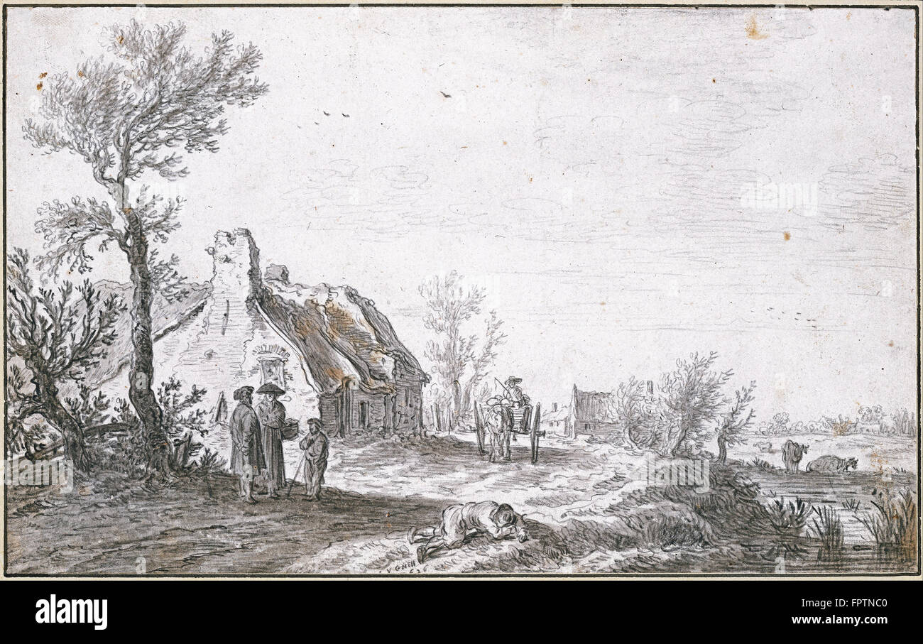 Josephszoon Jan van Goyen - route de campagne avec un chien Panier en face d'une ferme - 1626 Banque D'Images