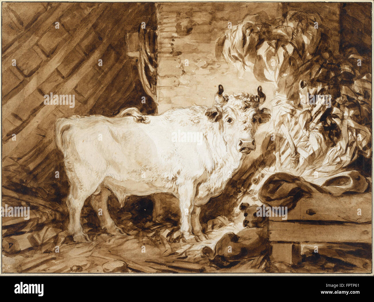 Jean Honoré Fragonard - taureau blanc et un chien dans une étable Banque D'Images