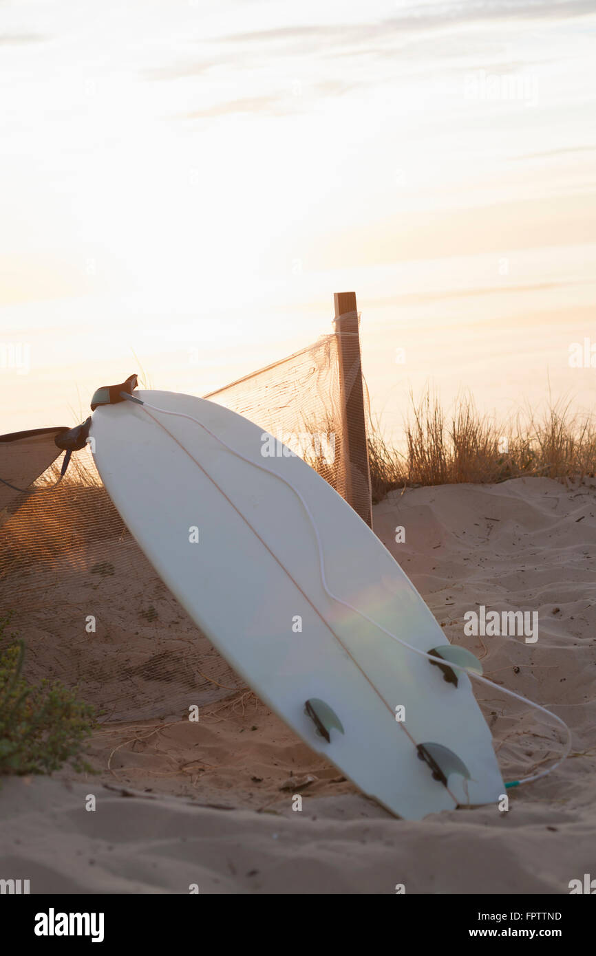 L'envers de surf leaning against fence pendant le coucher du soleil, lit-et-Mixe, Aquitaine, France Banque D'Images