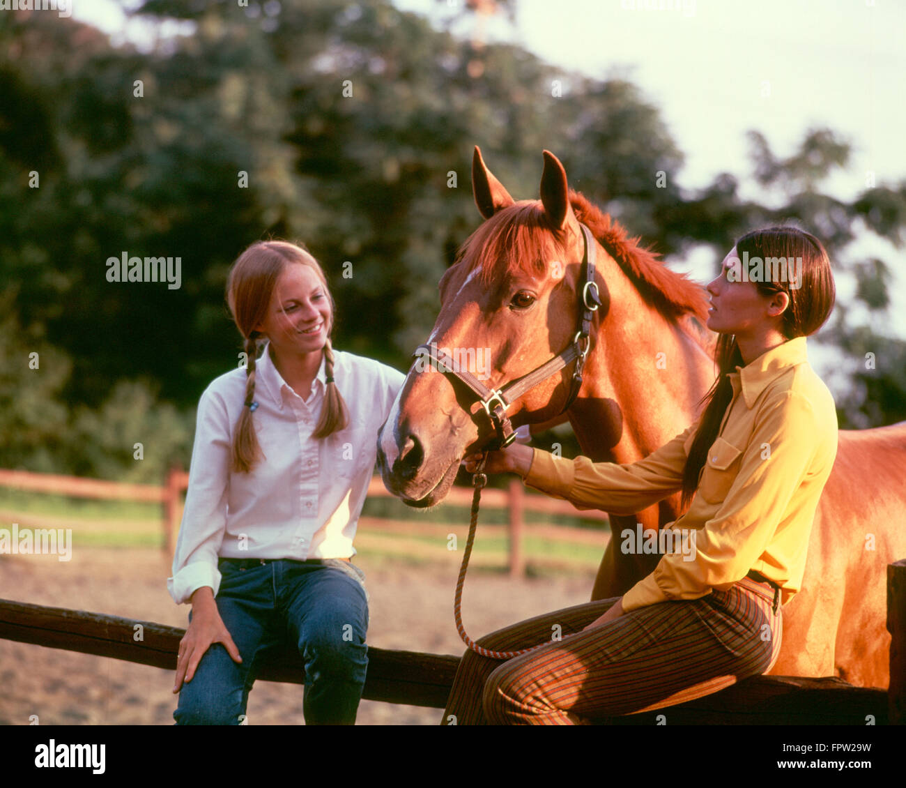 1970 DEUX ADOLESCENTES HOLDING CLÔTURE SÉANCE petit cheval alezan Banque D'Images