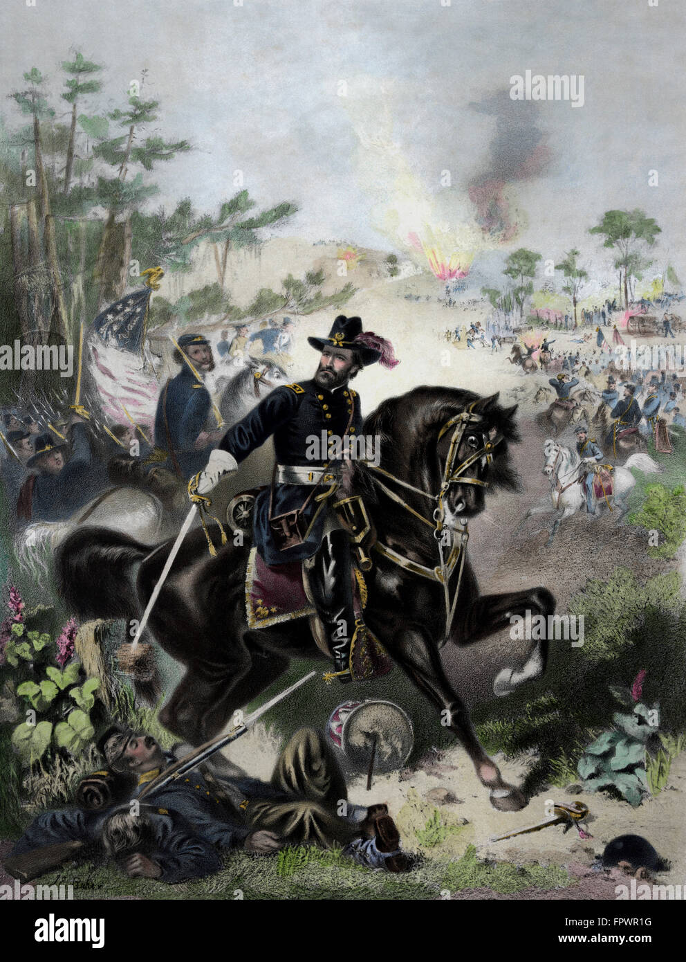Peinture de guerre civile Vintage Général Ulysses S. Grant à cheval, menant les troupes de l'Union dans la bataille. Banque D'Images