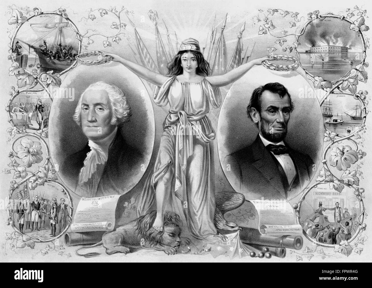 L'histoire de l'Amérique Vintage print du président George Washington, le président Abraham Lincoln, et Colombie-Britannique. Il comprend également des importa Banque D'Images