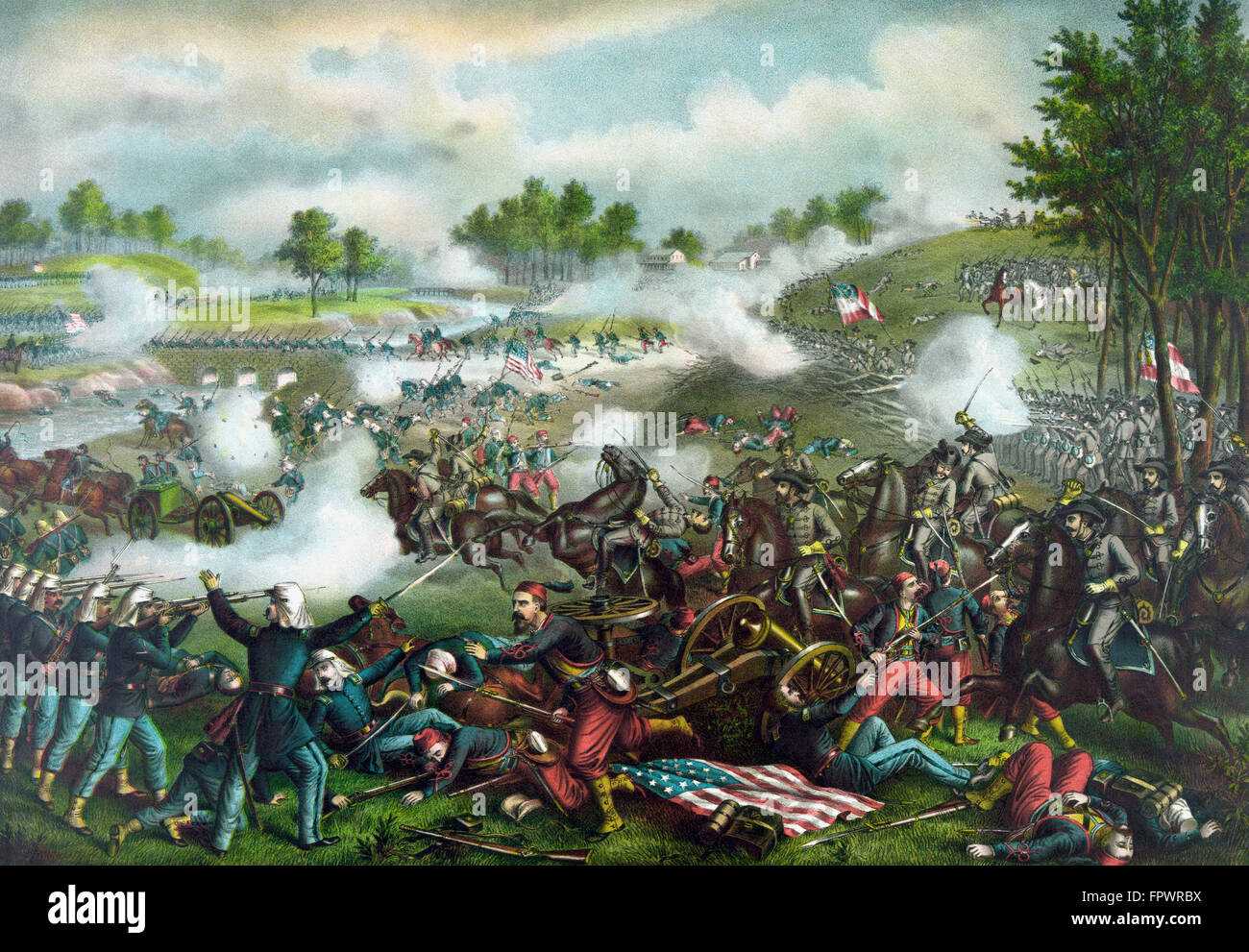Guerre civile Vintage peinture de Union européenne et troupes confédérées combats lors de la bataille de Bull Run, également connu sous le nom de la bataille de Manas Banque D'Images