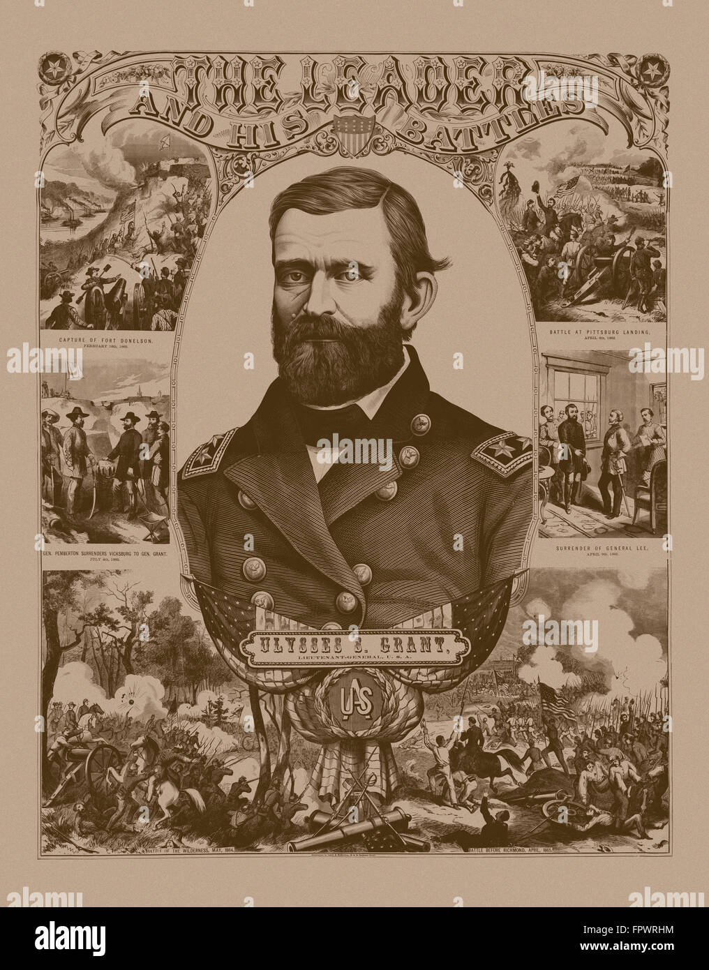 Vintage poster guerre civile du Général Ulysses S. Grant portant son uniforme militaire. Il est entouré par des scènes de bataille, il parti Banque D'Images