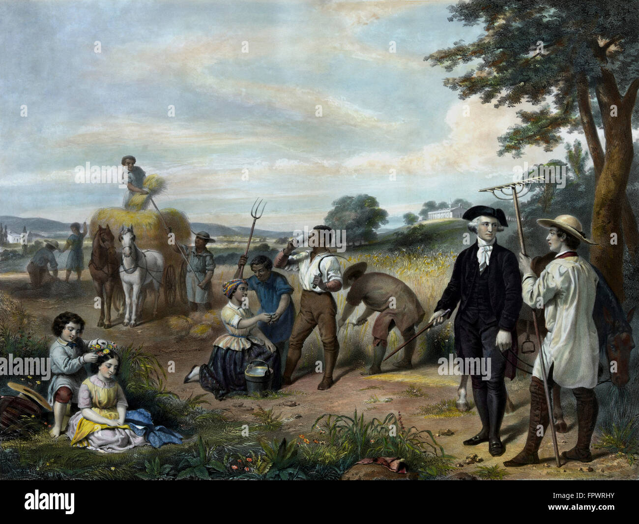 L'histoire de l'Amérique Vintage print de George Washington, dans sa ferme, comme des esclaves travaillent la terre derrière lui. Il lit, vie de George W. Banque D'Images