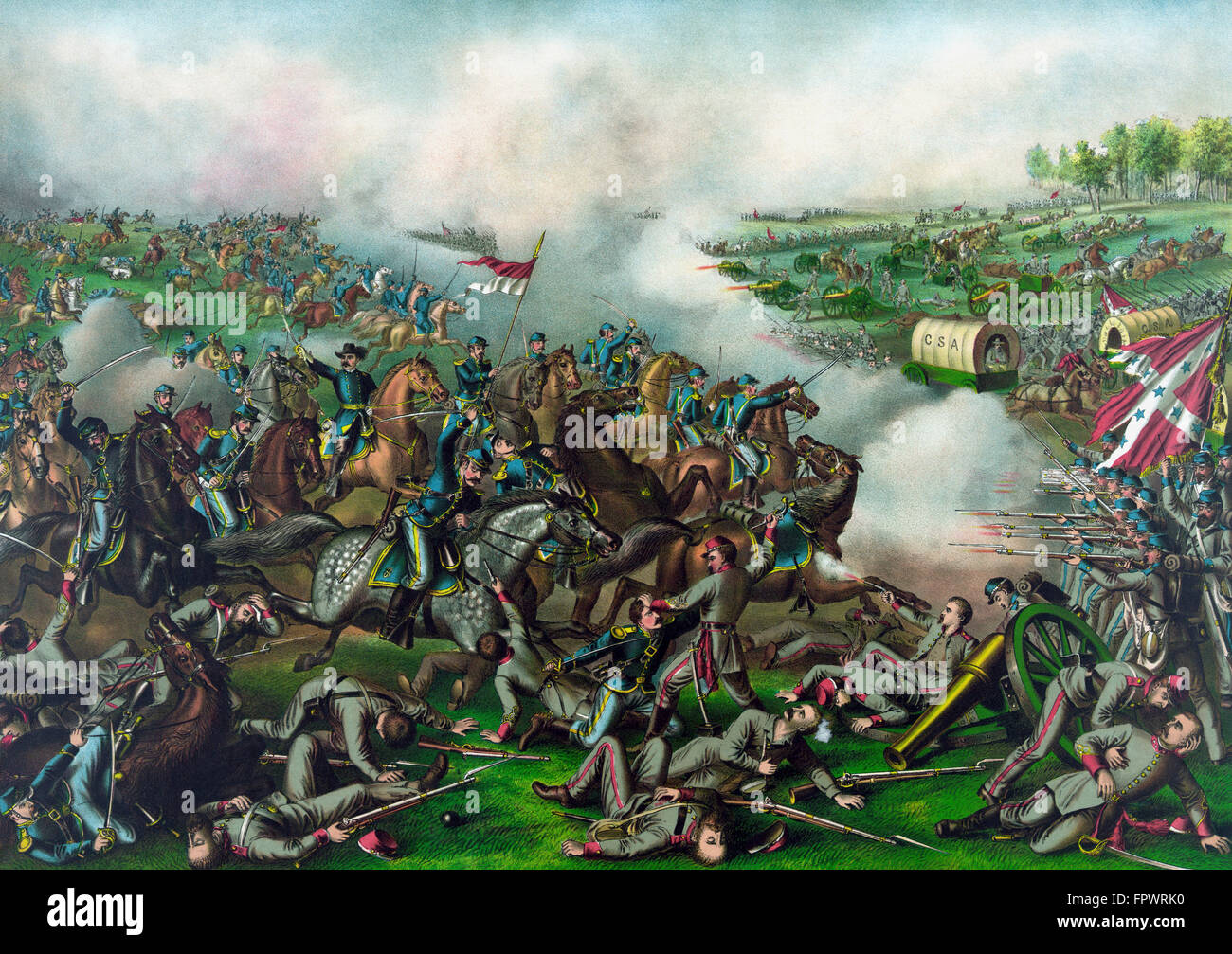 Guerre civile Vintage Print de la bataille de Five Forks. Général Philip Sheridan est une place importante, équitation à cheval et br Banque D'Images