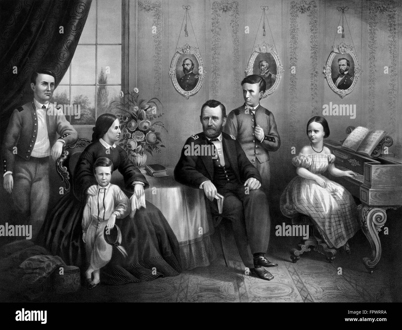 Guerre civile Vintage print du Général Ulysses S. Grant et sa famille posant à la maison. Banque D'Images