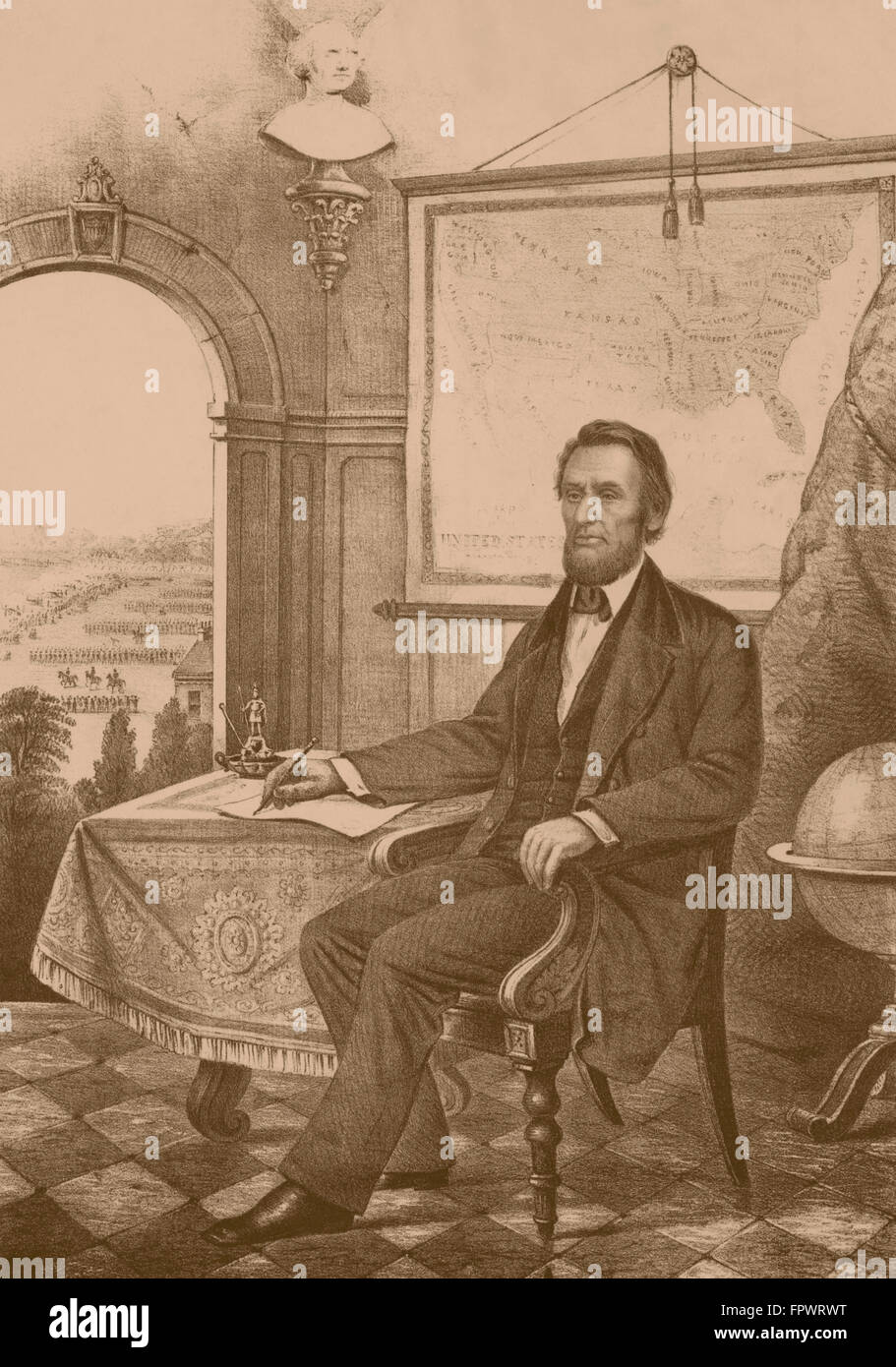 Guerre civile Vintage print du président Abraham Lincoln, et assis dans son bureau de travail. Troupes peuvent être vus à travers la fenêtre. Banque D'Images