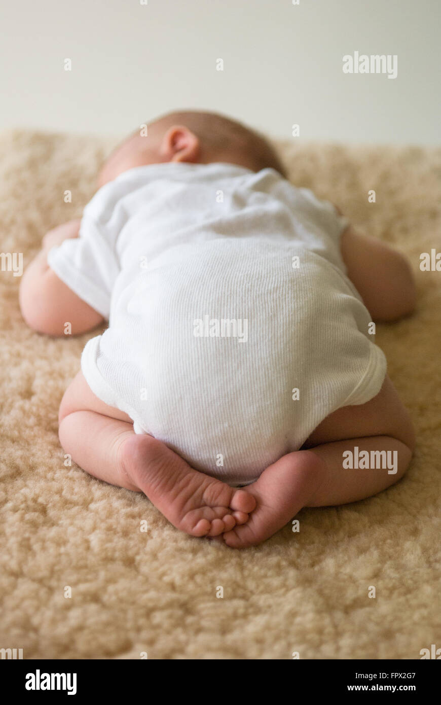 Bebe Nouveau Ne De Dormir Sur Le Ventre Sur Le Tapis En Peau De Mouton Photo Stock Alamy