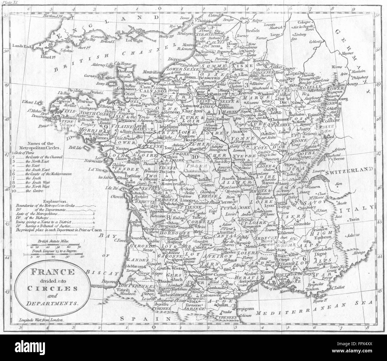 FRANCE : départements : cercles & Guthrie, 1801 carte antique Banque D'Images