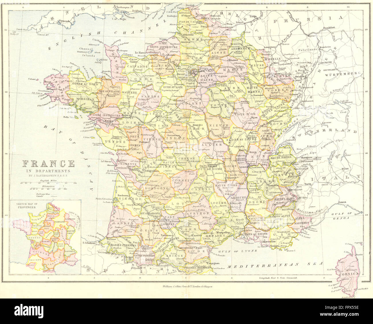 FRANCE : les ministères ; médaillon Provinces : Collins, 1870 carte antique Banque D'Images
