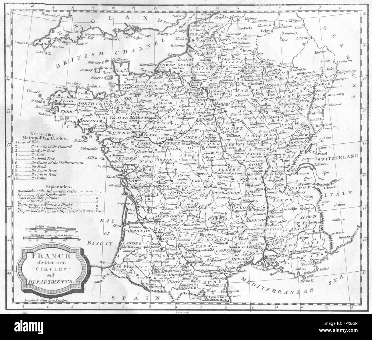 FRANCE : cercles & départements : Blomfield, 1807 carte antique Banque D'Images