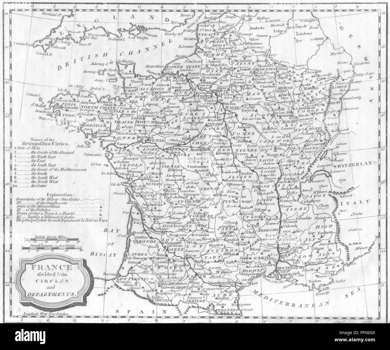 FRANCE : cercles & départements : Couleurs Vives, 1807 carte antique Banque D'Images