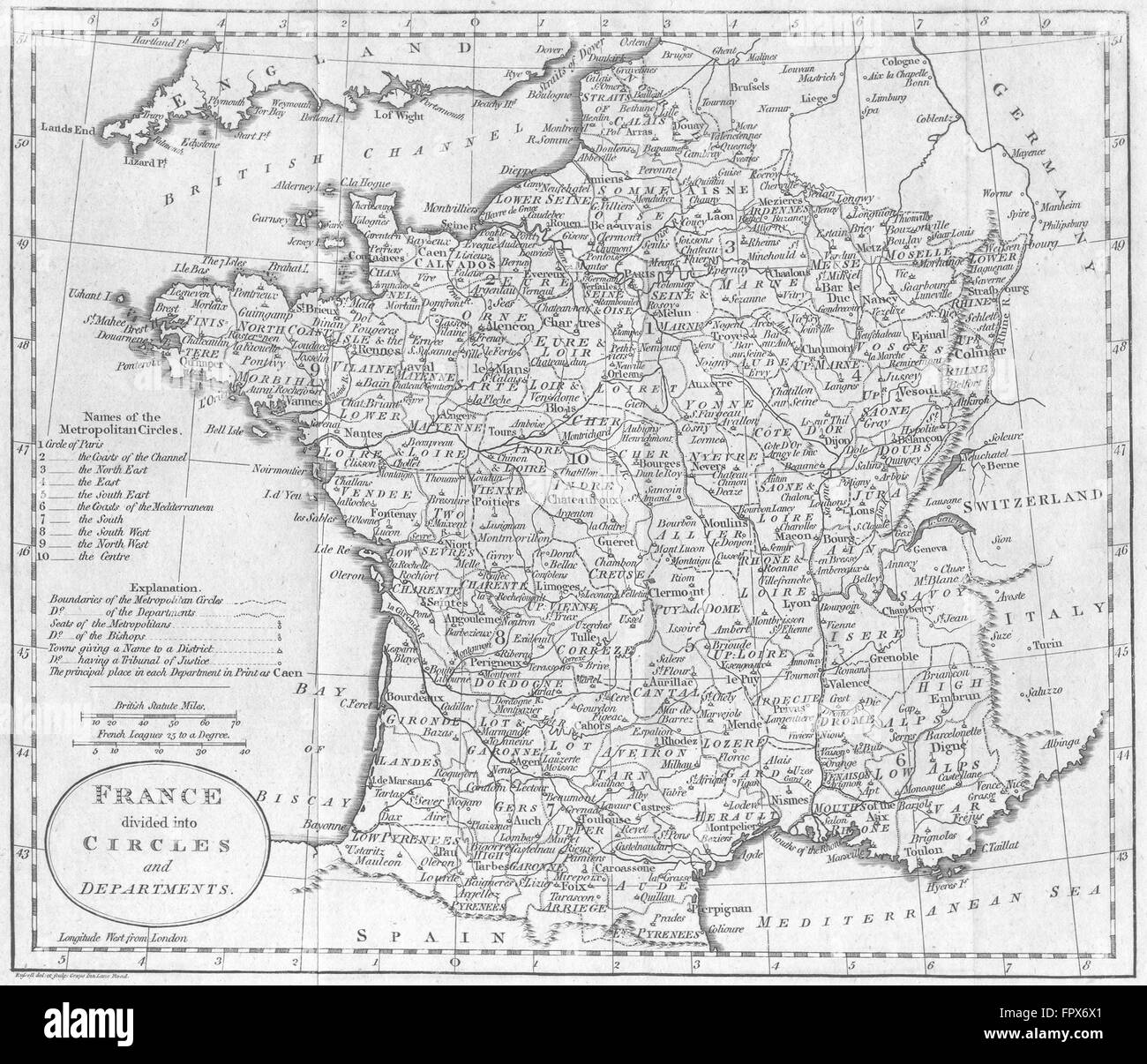 FRANCE : départements : cercles & Guthrie, 1794 carte antique Banque D'Images