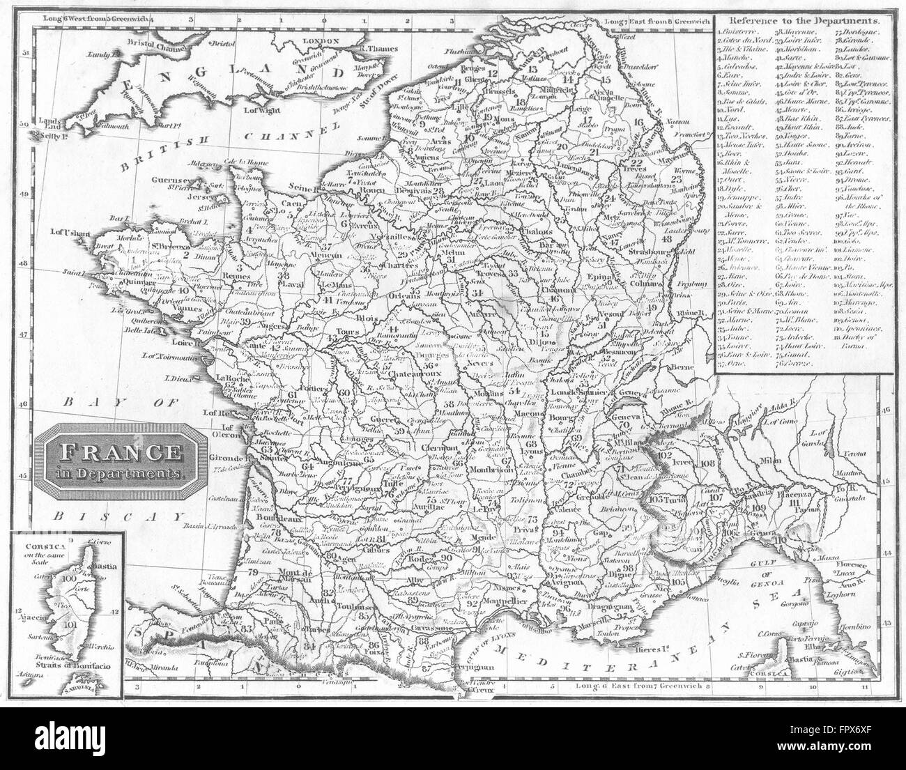 FRANCE : Départements : Kelly Légende Corse encart, 1817 carte antique Banque D'Images