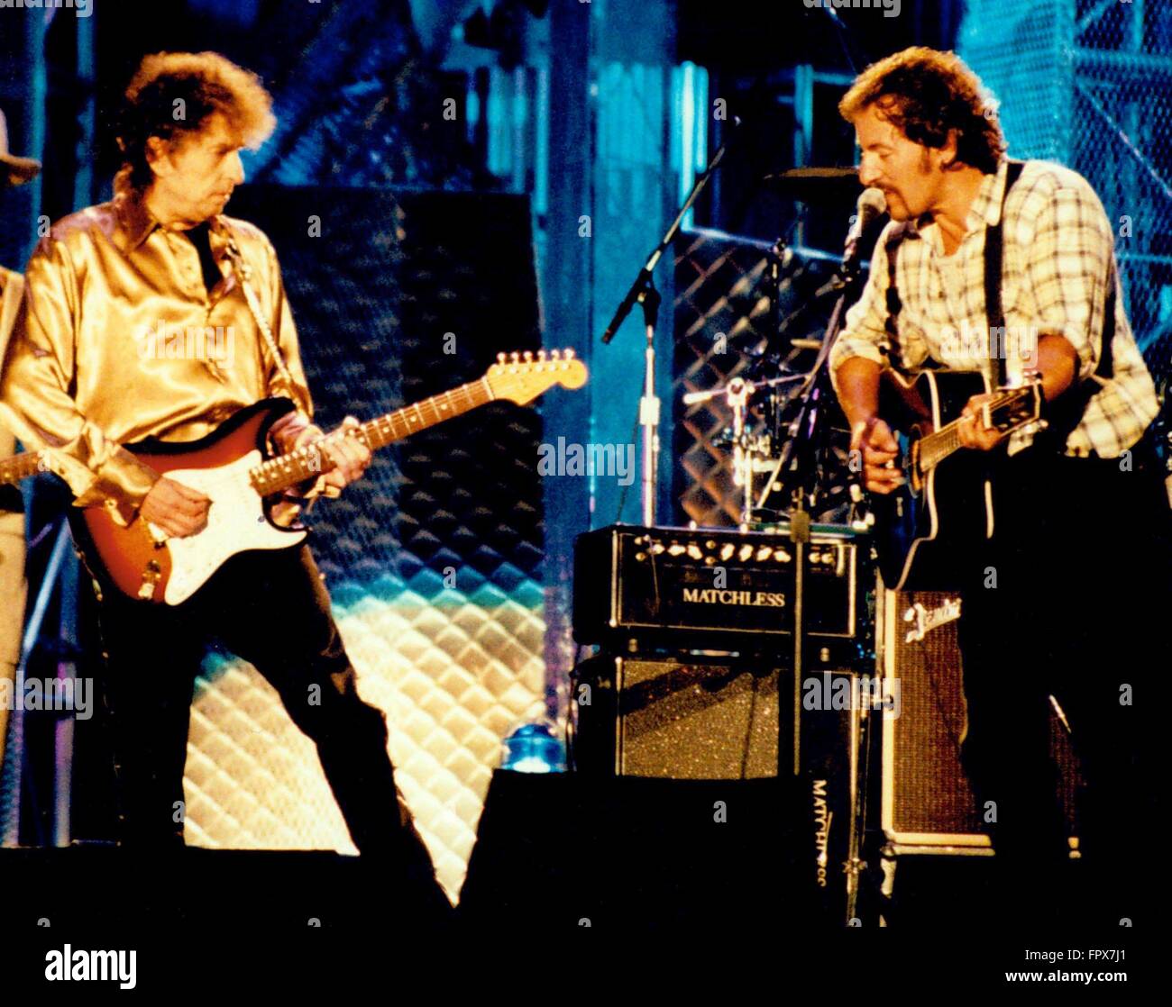 BRUCE SPRINGSTEEN et Bob DYLAN POUR CONCERT HALL OF FAME, CLEVELAND 09-02-1995 photo Michael Brito Banque D'Images