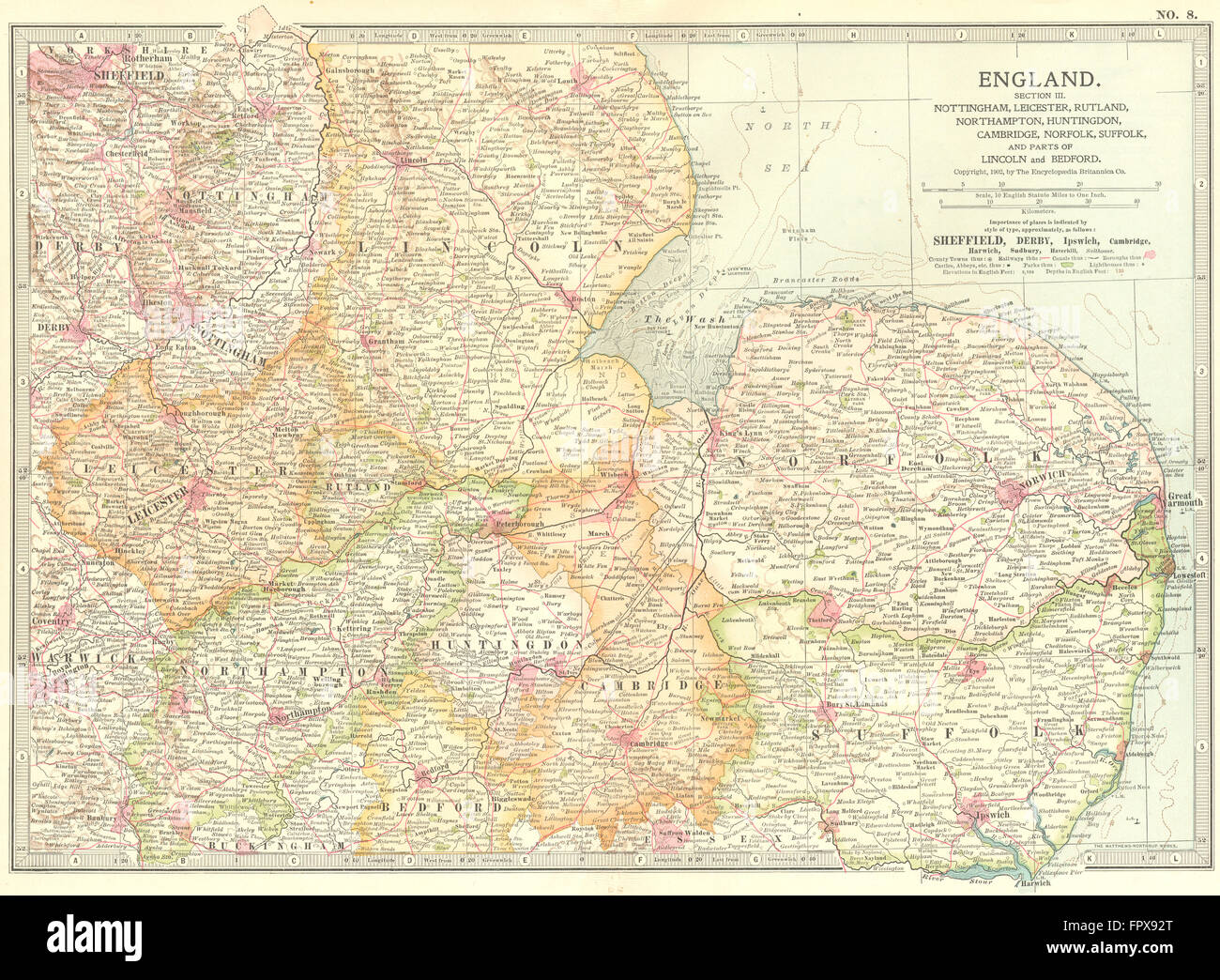 MIDLANDS de l'Est Anglia : Notts Cambs Chasse Leics, 1903 carte antique Banque D'Images