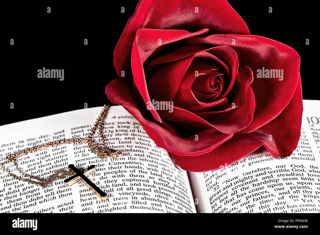Rose rouge sur livre avec collier pendentif Croix en or sur fond noir Banque D'Images