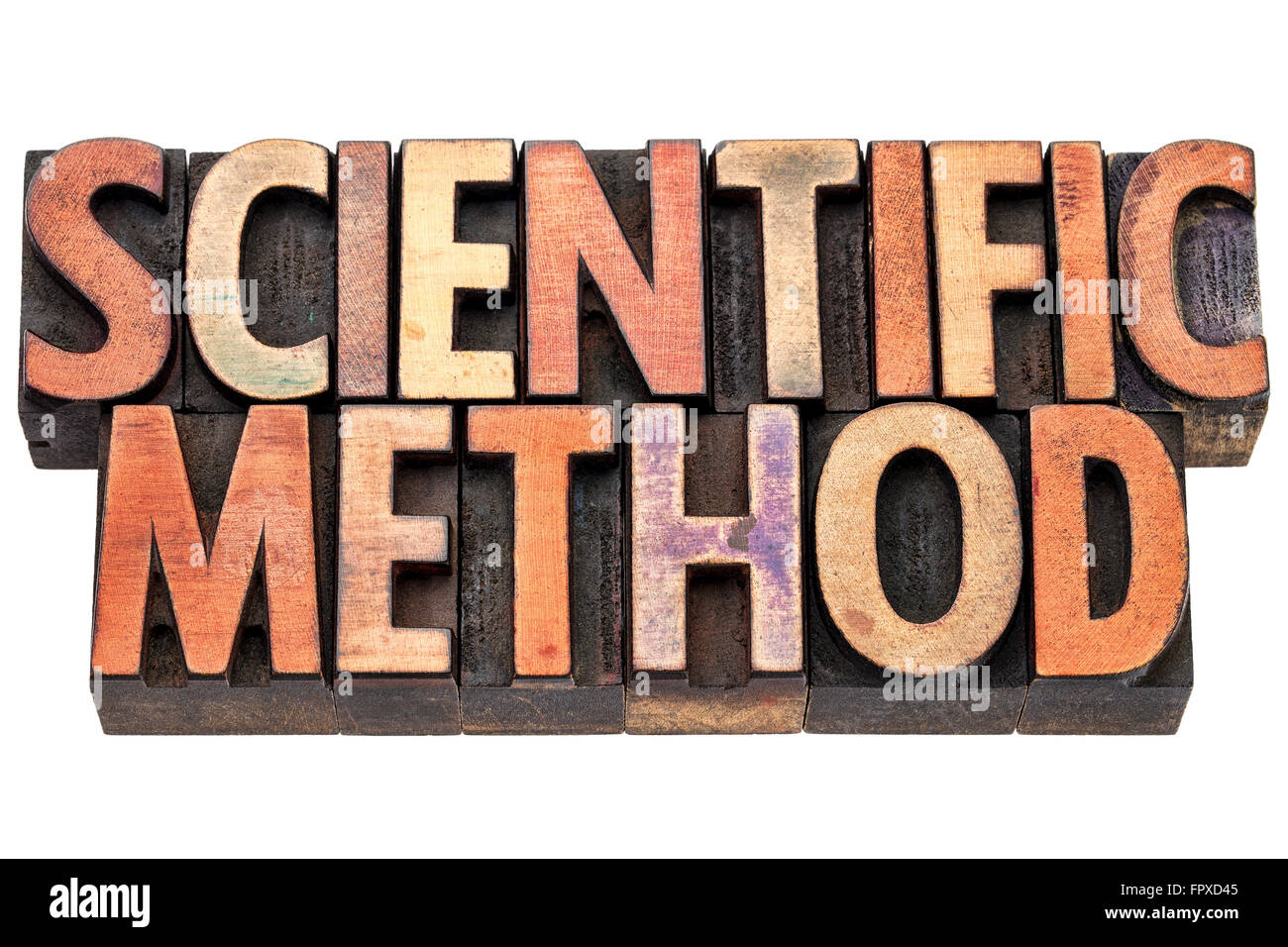 La méthode scientifique et la recherche en typographie typographie vintage type bois souillé par des blocs d'impression encres couleur Banque D'Images