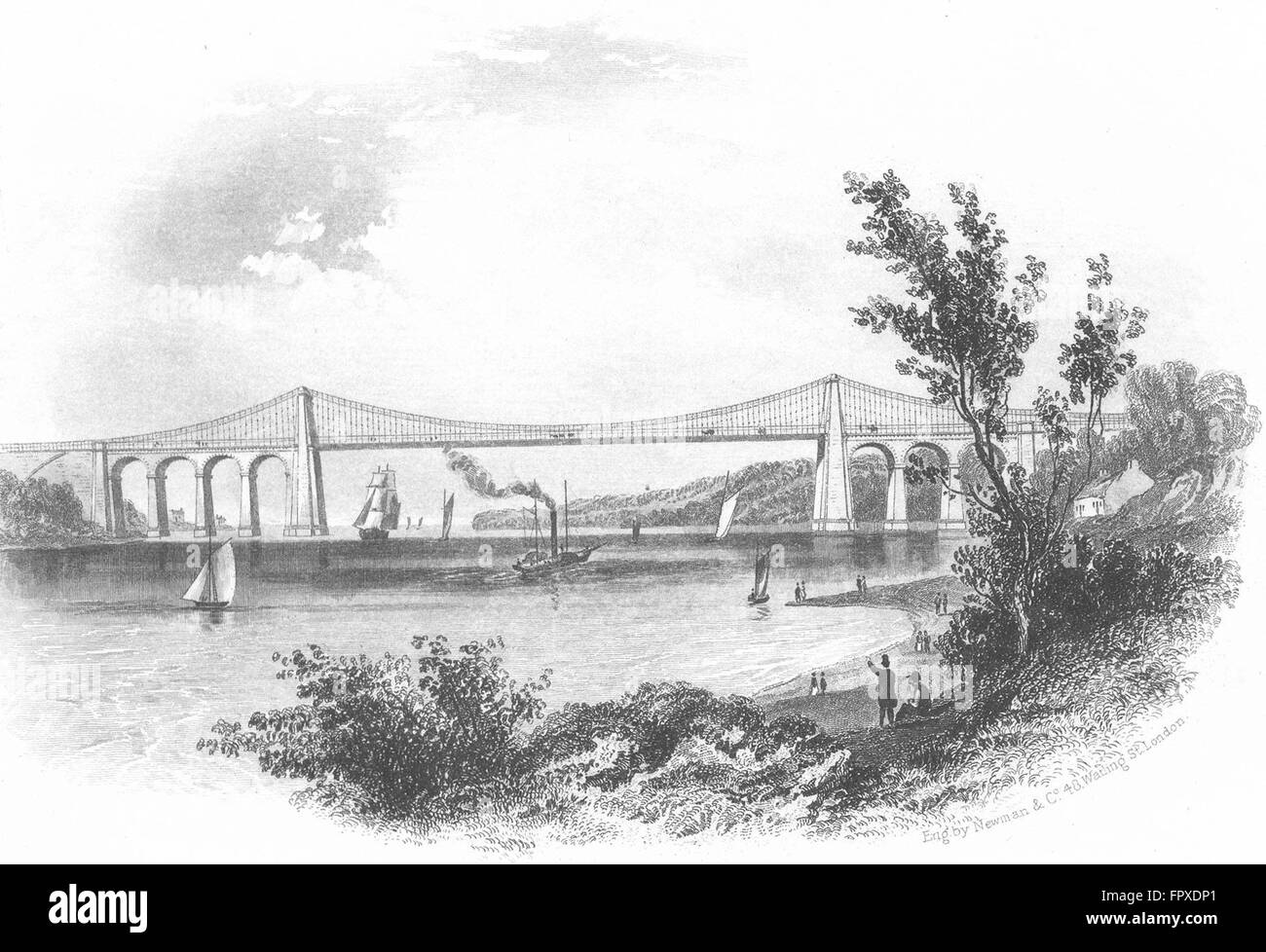 Pays de Galles : le pont suspendu de Menai : Newman navires, ancien 1850 Banque D'Images