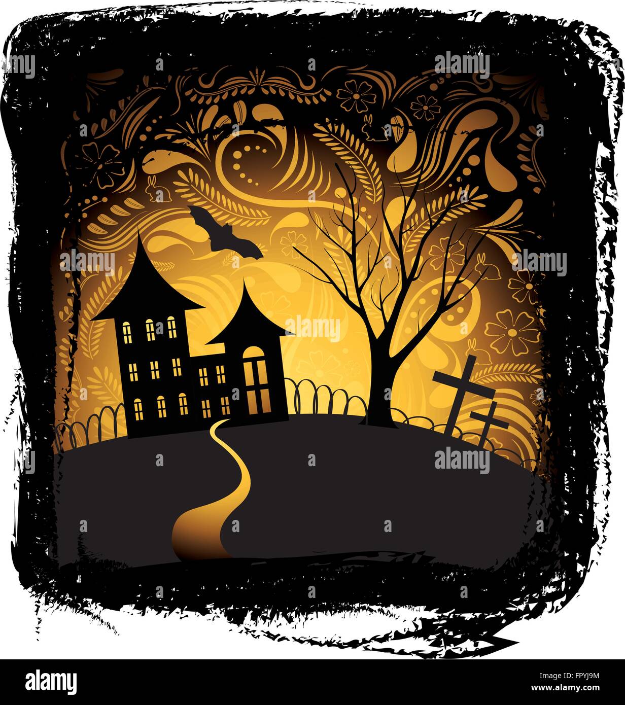 Arrière-plan de l'Halloween à la citrouille, la nuit bat, arbre et maison du bâti Illustration de Vecteur